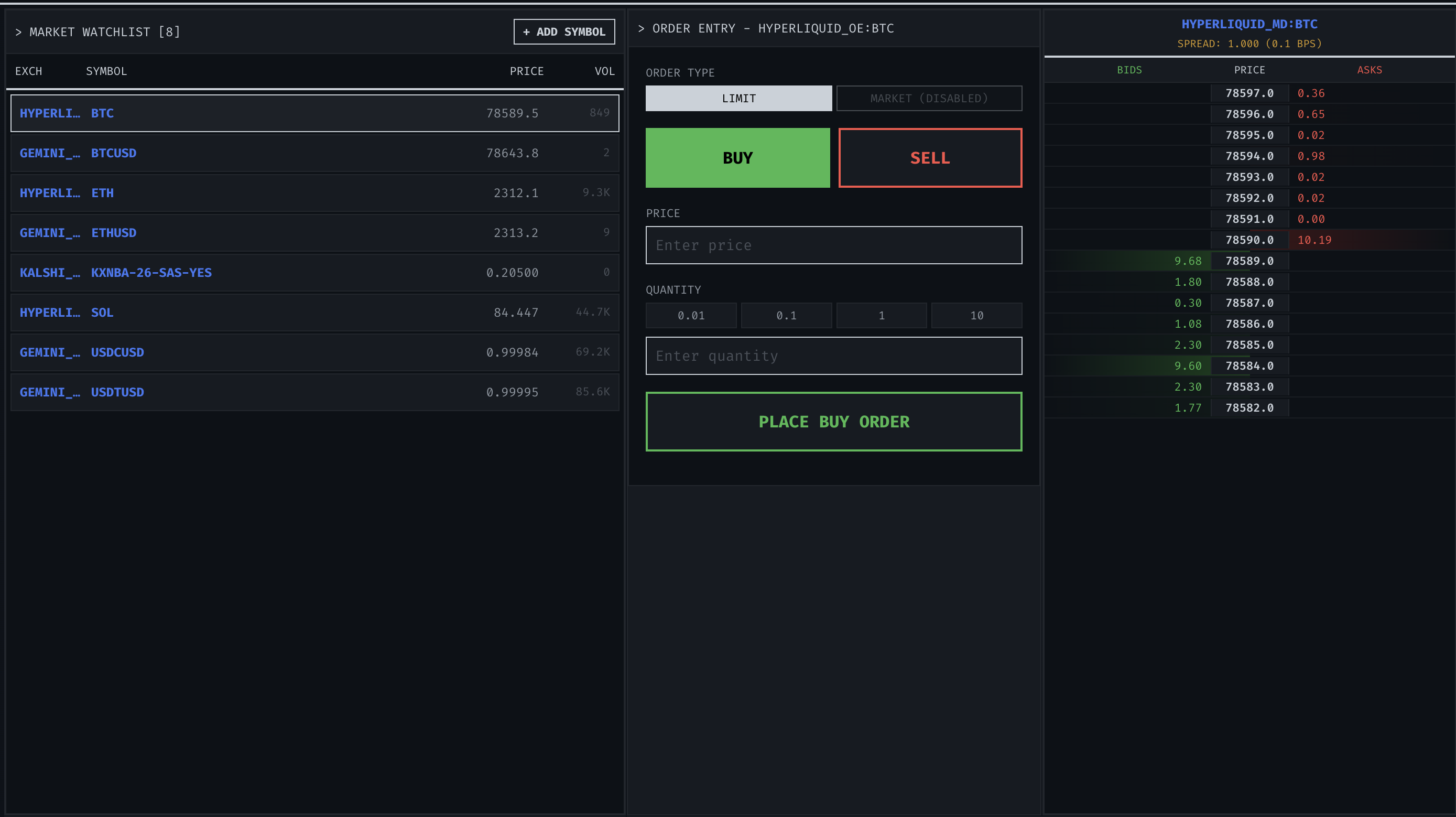 Trading engine GUI showing market watchlist, order entry panel, and live order book